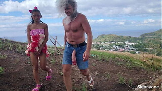 Aberrant raunchy activities publicly in ocean and on mountain with massive penis and tiniest vagina