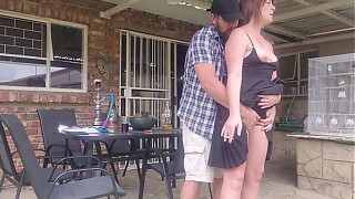 Neighbors wife outside upskirt fuck during the time that this guy is at function